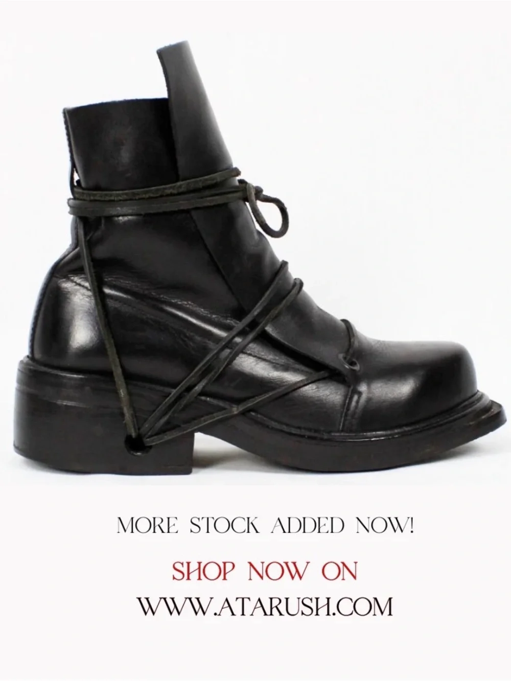 Black Leather Lace-Wrap Ankle Boot